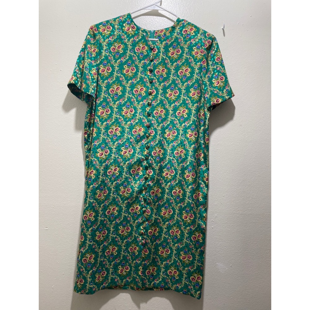 Vintage Leslie Fay Petites Green Floral Mini Dress size 10p Damask Boho 90s - Picture 5 of 11
